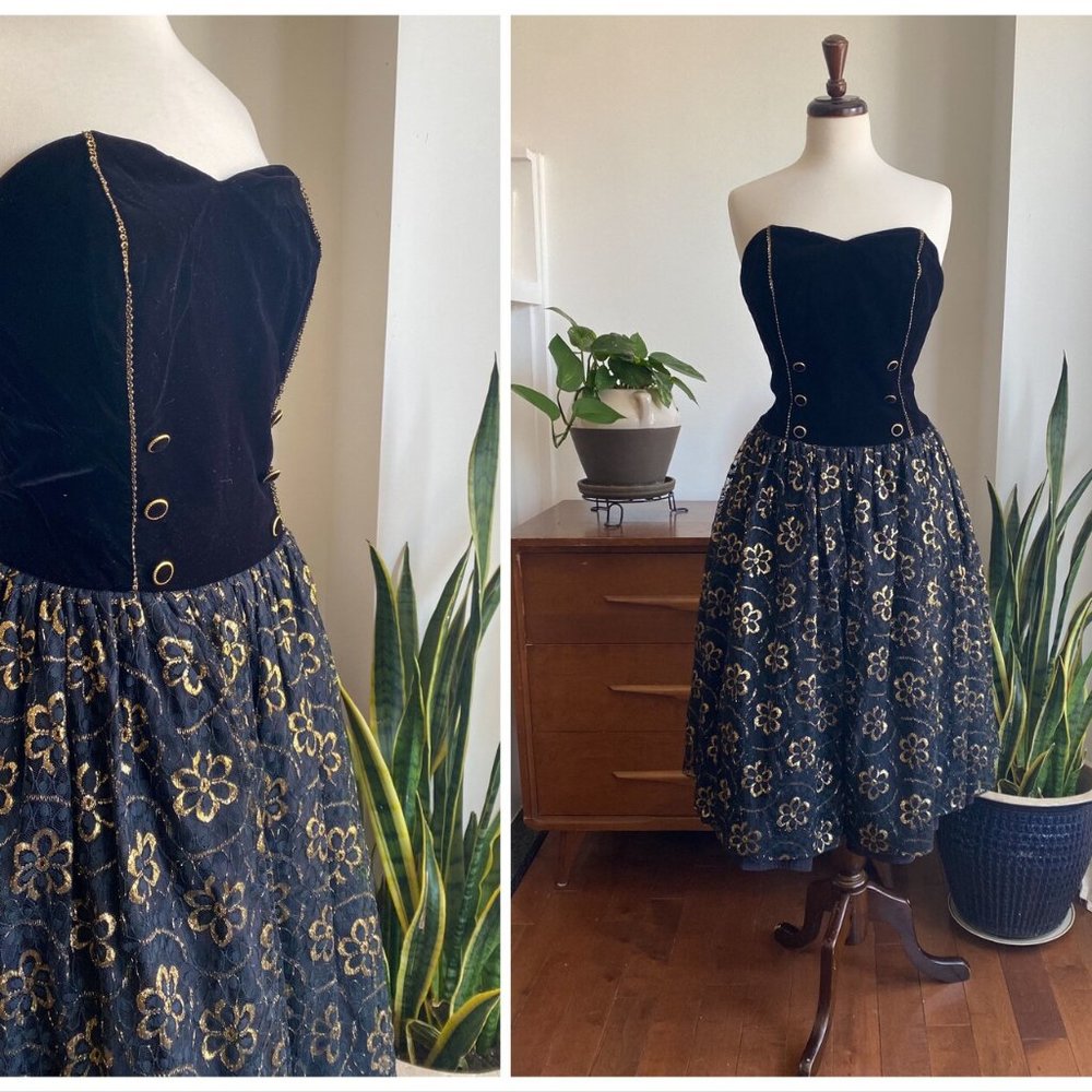 80s Does 50s Strapless Prom Party Dress with Poofy Skirt in Black & Gold Size M